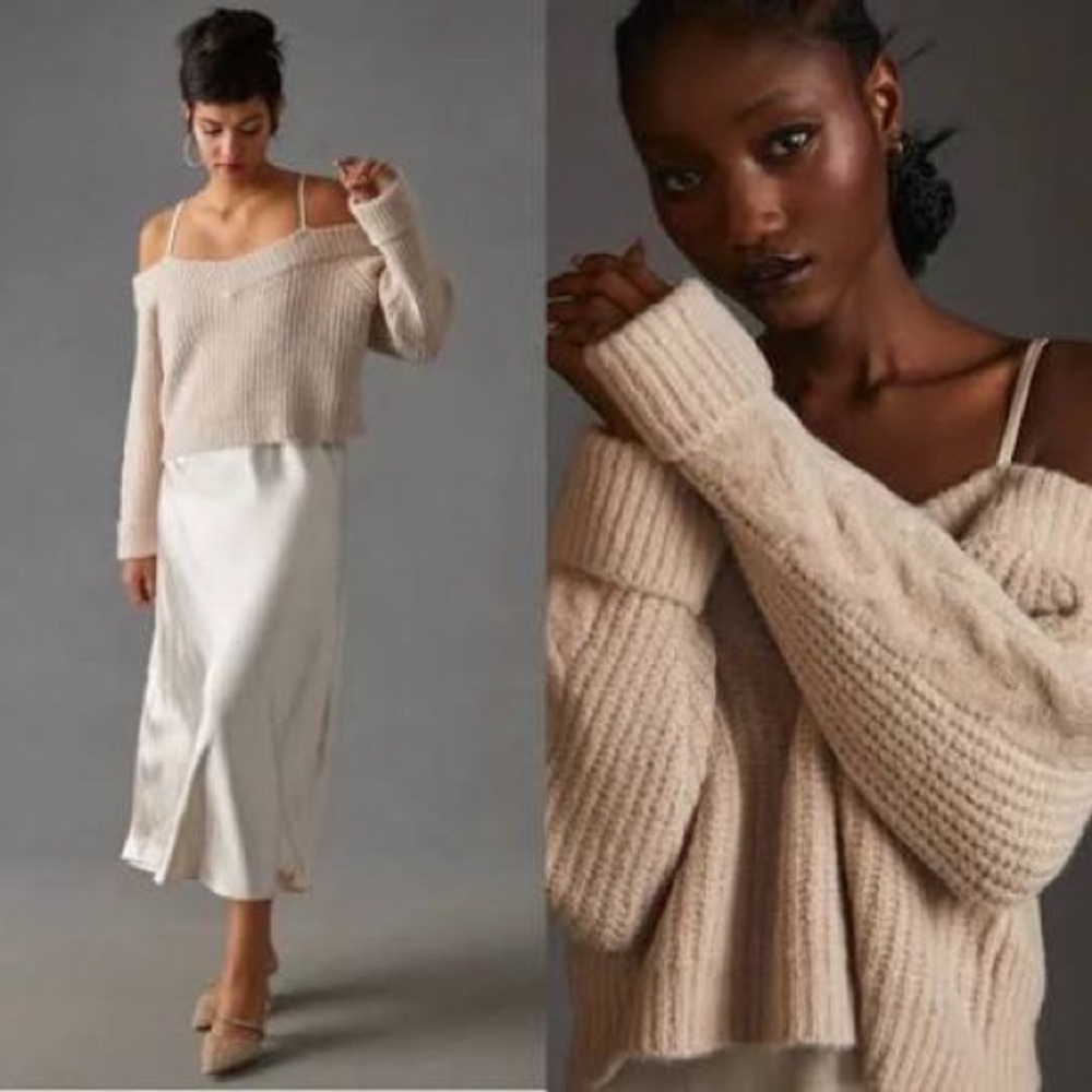 Anthropologie Cream Slip Midi and Knit Swearer Dress Size S